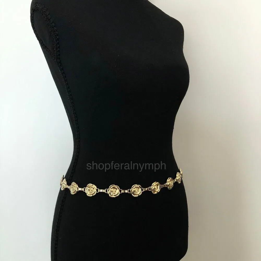 Vintage Y2K Coquette Gold Rose Chain Belt, Fits 25–44 Inches, X7GA1200